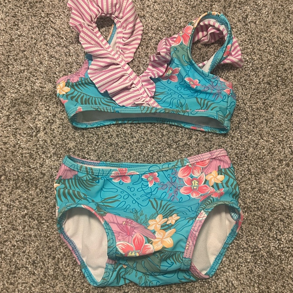 Ruffle Butts Blue and Pink Floral Kids Bikini